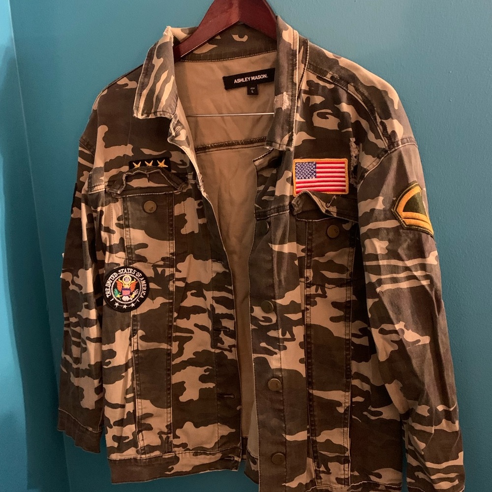 Ashley Mason camouflage patchwork coat.